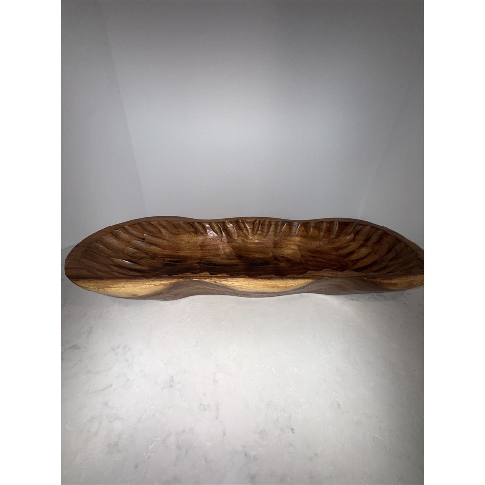 Scalloped edge oblong wooden bowl 16"